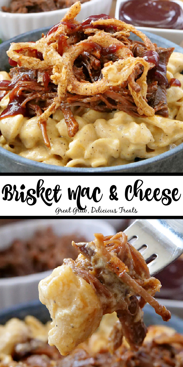 A double photo collage of brisket mac and cheese in a gray bowl. 