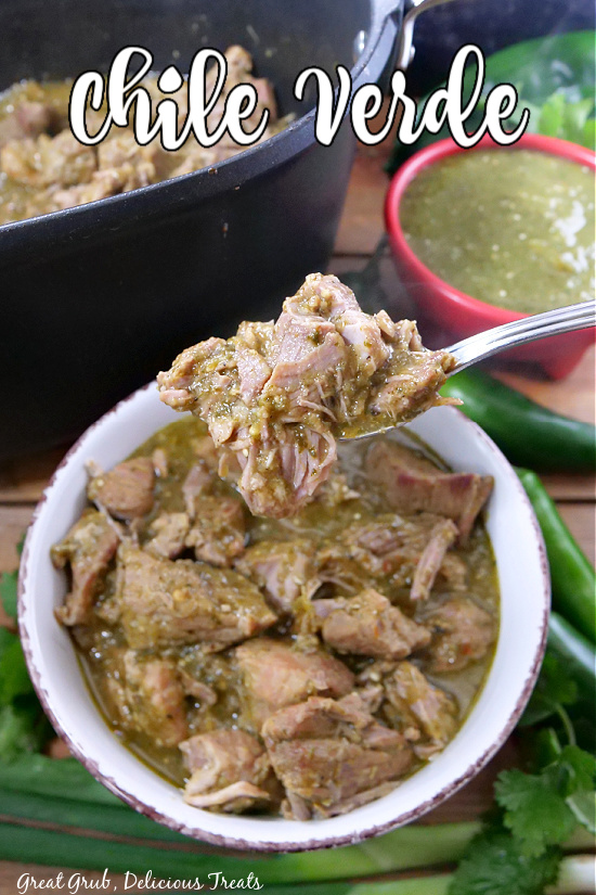 A white bowl filled with chili verde pork and a black Dutch oven in the background.