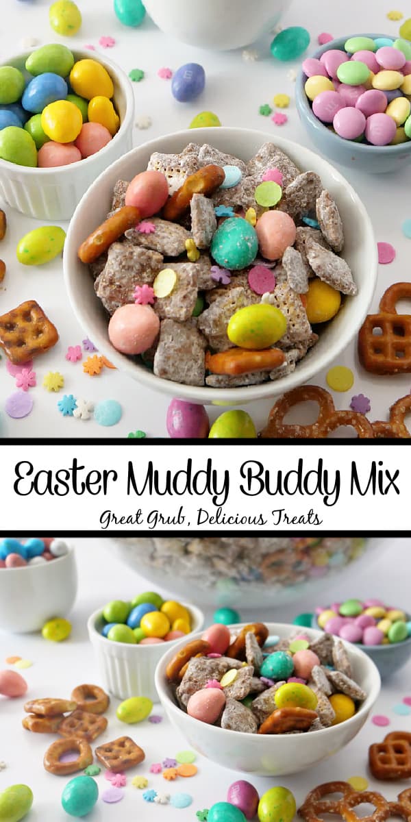 A double collage photo of muddy buddy mix filled with Easter candies.