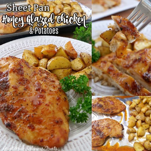 A three-picture collage of sheet pan chicken and potatoes with the title at the top left corner.