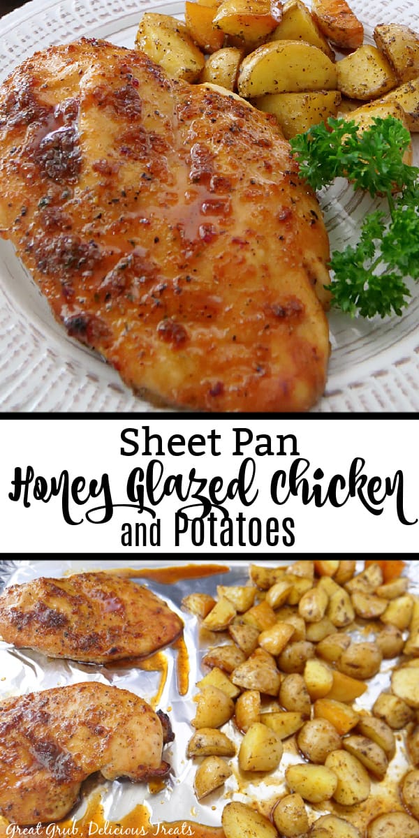 Double picture of sheet pan chicken and potatoes with the title in the middle.