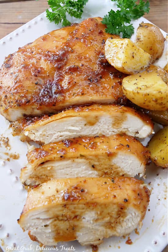 A close-up picture of Sheet Pan Chicken and Potatoes on a plate.