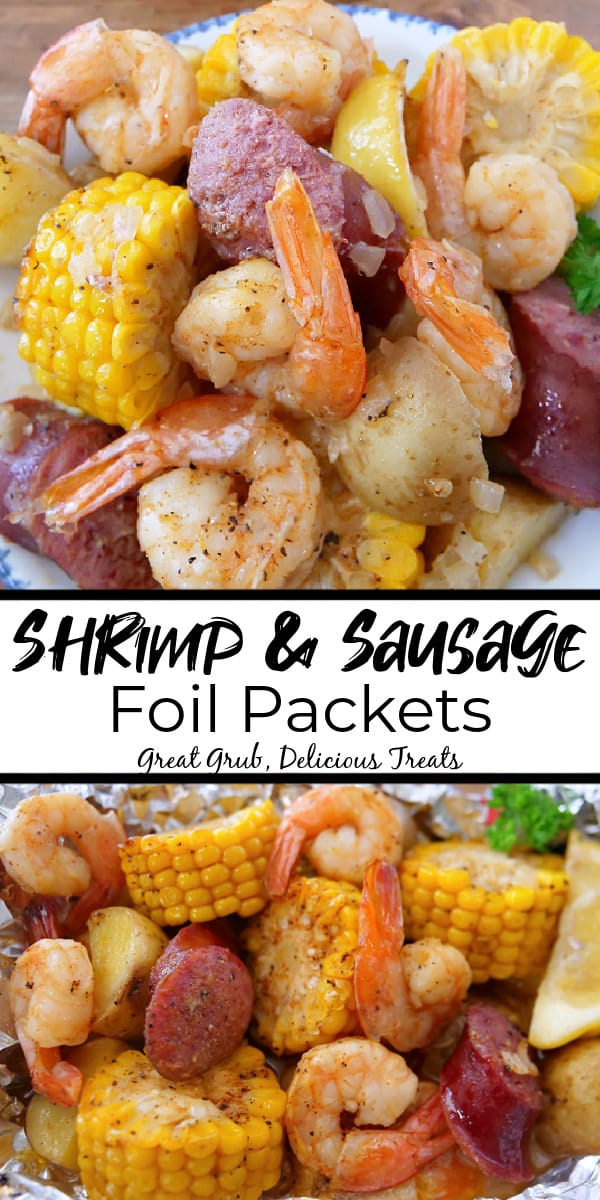 A double collage photo of foil packets with shrimp, kielbasa, potatoes and corn.