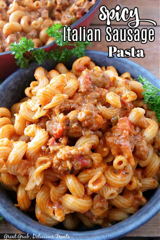 A blue bowl filled with spicy Italian sausage pasta.