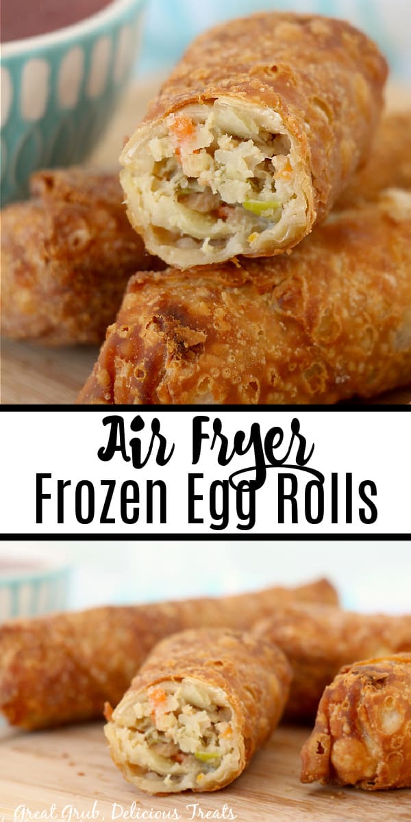 A double collage photo of egg rolls that were cooked in an air fryer.
