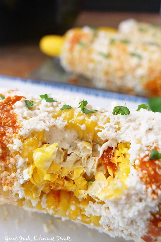 A close up photo of a piece of street corn with a bite taken from it, showing the inside of the corn and the toppings on it.