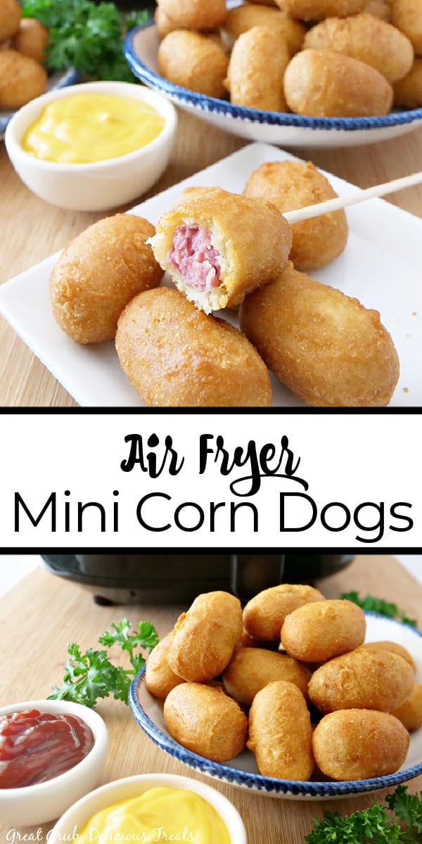 A double photo collage of mini corn dogs on a white plate with mustard dipping sauce in the background.