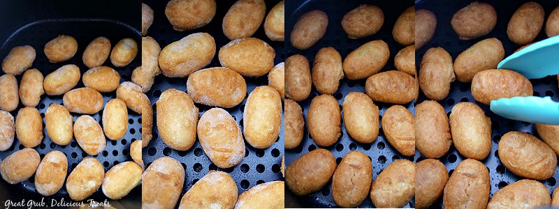 A transition photo of frozen corn dogs in the air fryer basket, in the middle of cooking, and being removed out of the air fryer with tongs.