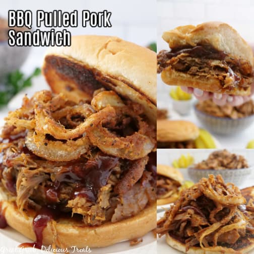 A three collate photo of a BBQ Pulled Pork Sandwich.