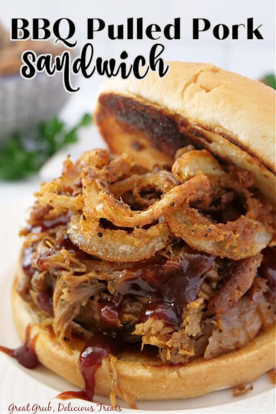 BBQ pulled pork sandwich with barbecue sauce and fried onion strings on top of pulled pork in between a bun with the title at the top.