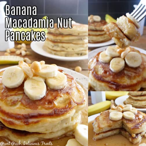 A three photo collage of banana pancakes topped with maple syrup, bananas, and nuts.