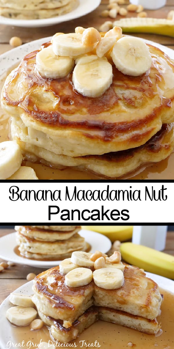 A double photo collage of banana nut pancakes stacked up, with sliced banana and macadamia nuts on top. 
