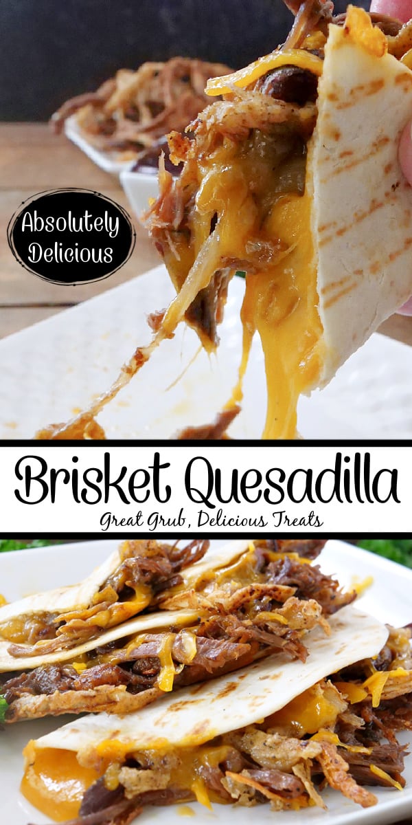 A double photo collage of brisket quesadillas on a white plate.