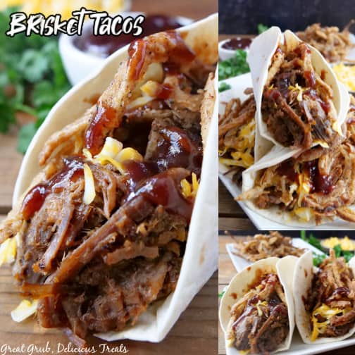 A three photo collage of brisket tacos.