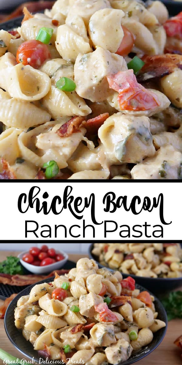 A double collage photo of a creamy pasta recipe with chicken, tomatoes, bacon.