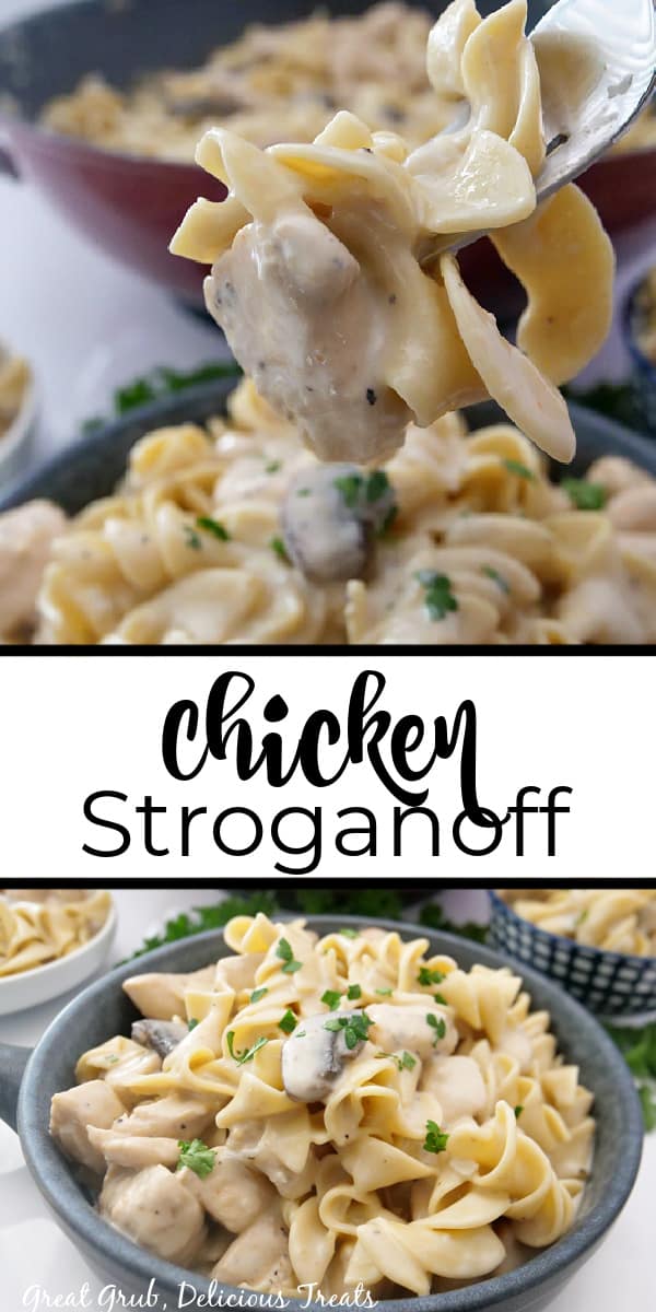 A double collage photo of chicken stroganoff in a gray bowl and a bite on a fork.