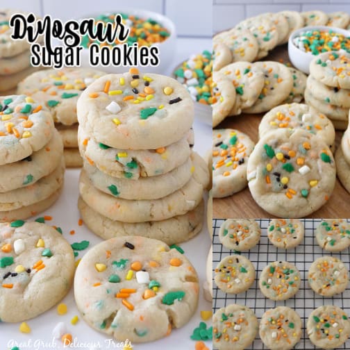 A three collage photo of dinosaur sugar cookies.