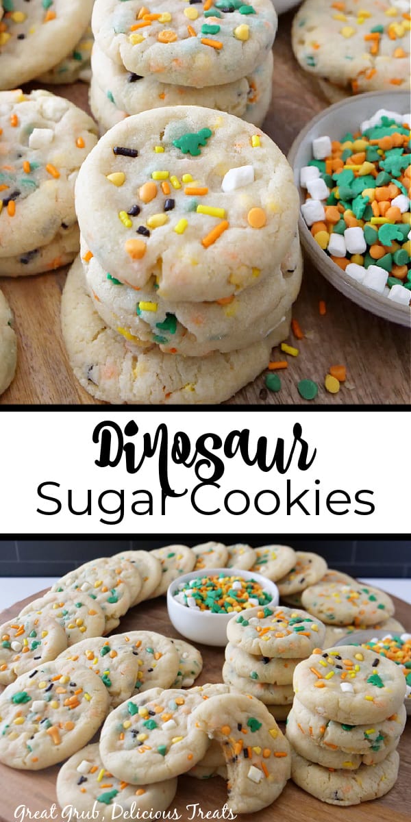 A double collage photo of dinosaur sugar cookies with the title in the center of the two cookies.