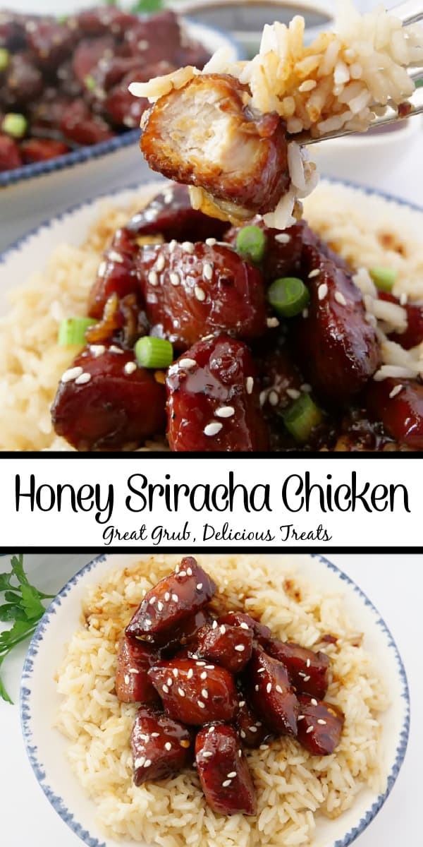 A double photo collage of honey sriracha chicken and white rice.