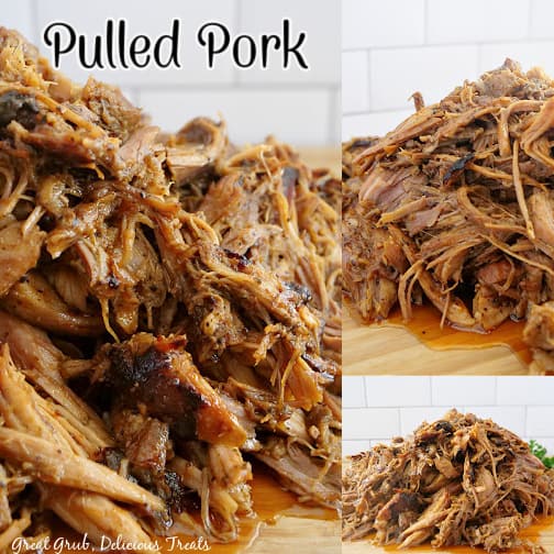 A three photo collage of pulled pork sitting on a large wood board.