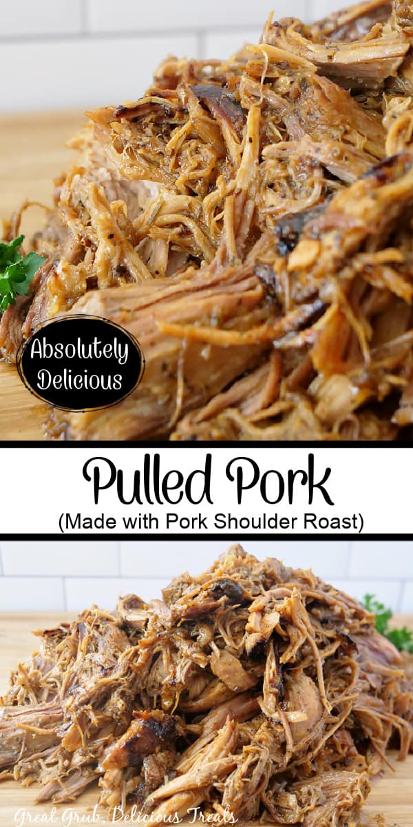 A double photo collage of pulled pork on a wood cutting board.
