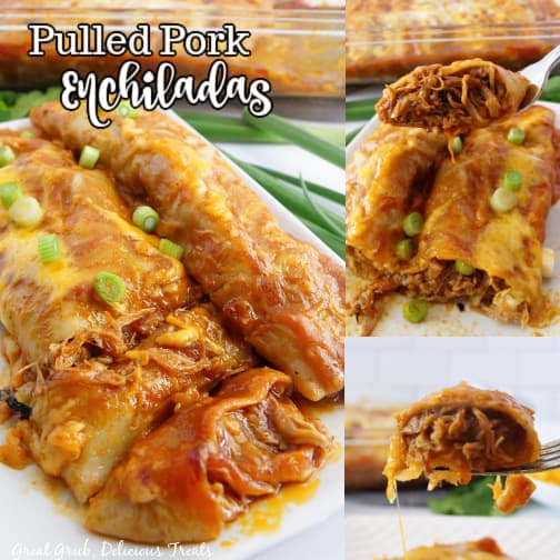 A three photo collage of pulled pork enchiladas.