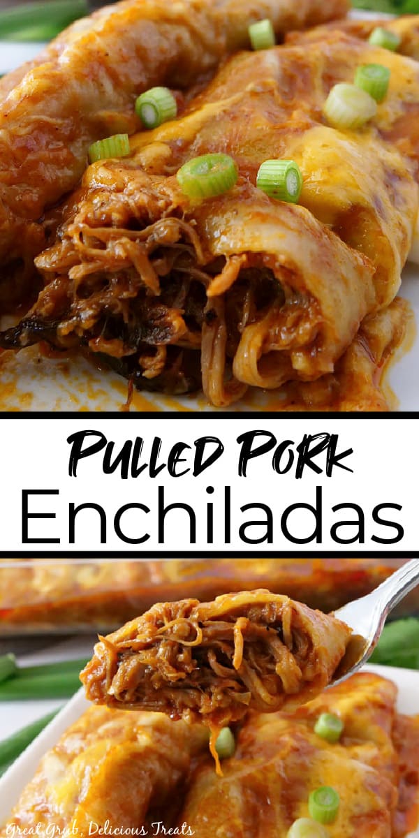 A double collage photo of pulled pork enchiladas.