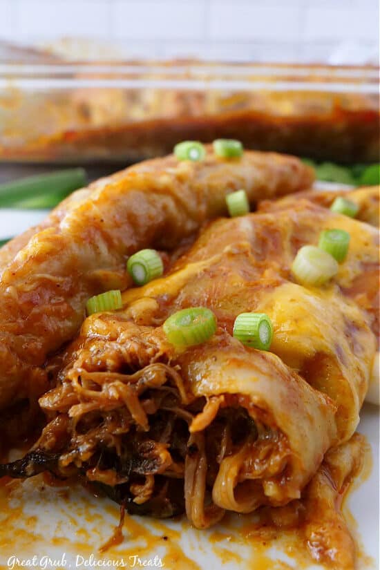 A close up of two pulled pork enchiladas on a white plate.