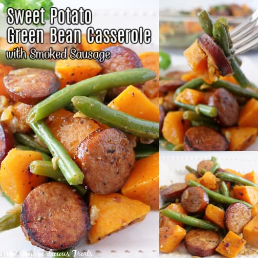 A three collage photo sliced smoked sausage, diced sweet potatoes and fresh green beans.