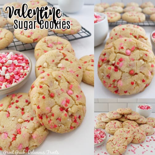 A three photo collage of Valentine Sugar Cookies on a white surface.