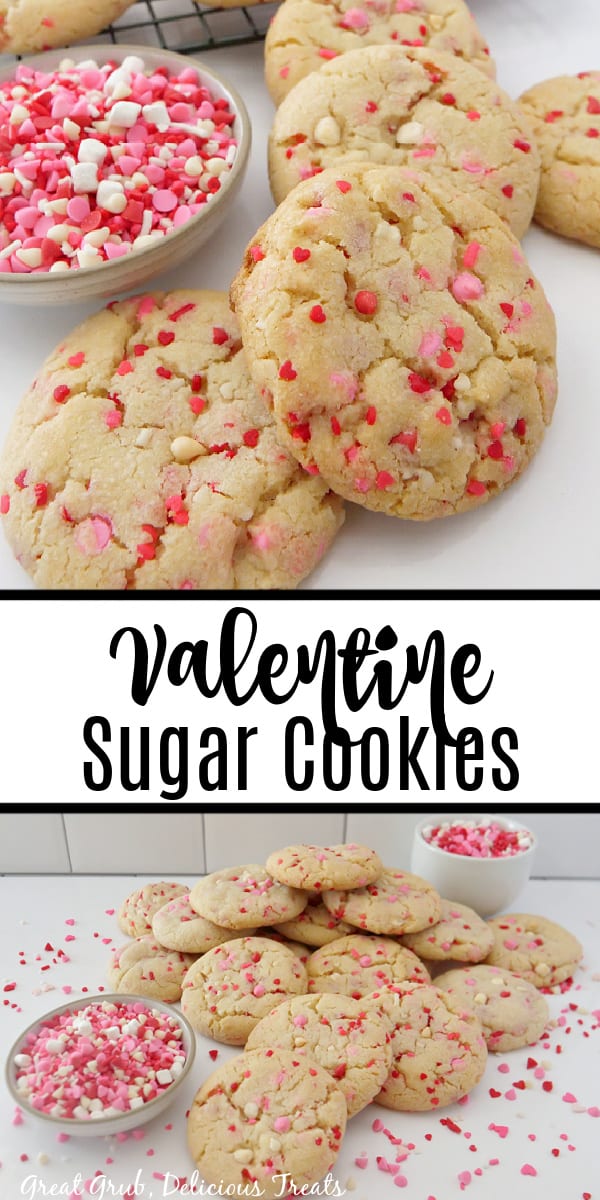 A double collage photo of valentine's day sugar cookies on a white surface.