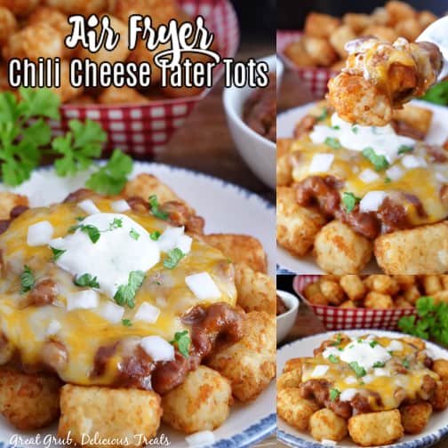 A three photo collage of tater tots on a plate covered in cheese and cheese.