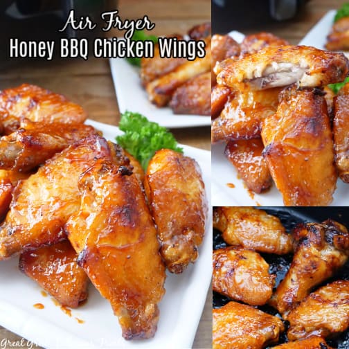 A three photo collage of air fryer chicken wings all covered in honey BBQ sauce, sitting on a white plate.
