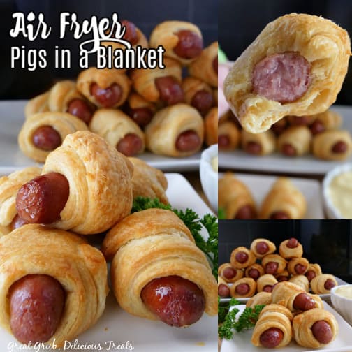 A three photo collage of little smokies wrapped in golden brown crescent rolls, stacked up on a plate with dipping sauce next to it.