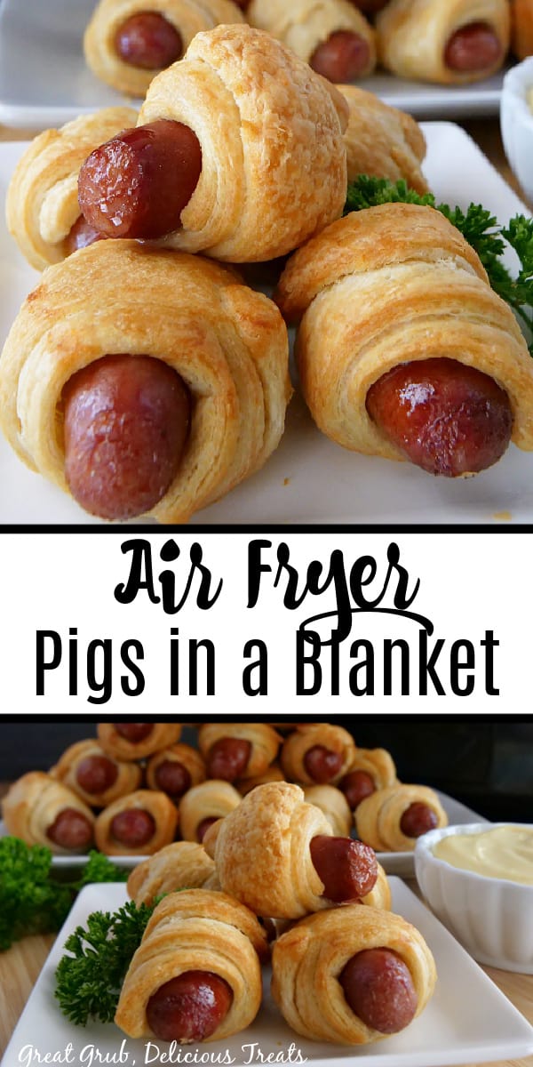 A double photo collage of pigs in a blanket on a white plate.