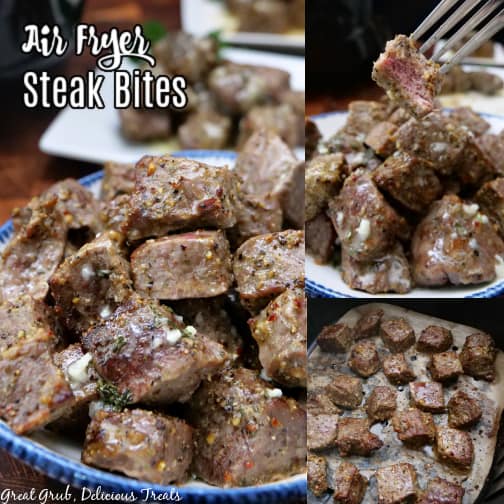 A triple photo collage of steak bites, covered in the perfect blend of seasonings. 
