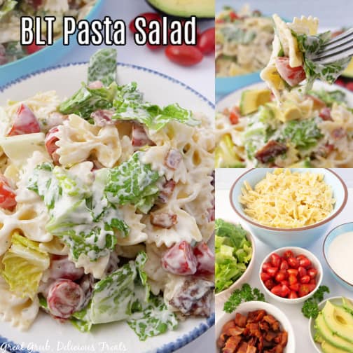 A three photo collage of BLT pasta salad in a white bowl, tossed in ranch dressing.