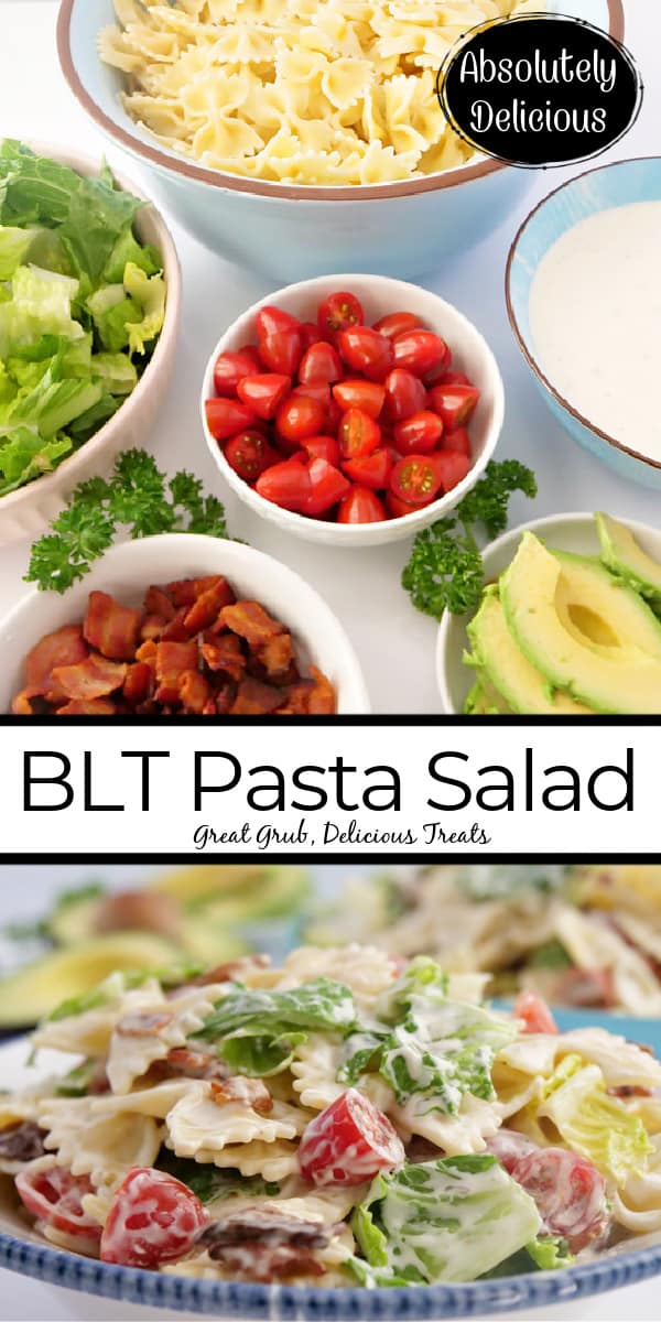 A double photo collage of pasta salad in a large bowl, with another pic showing all the ingredients.
