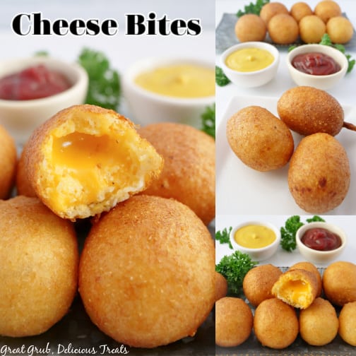 A three photo collage of cheese bites with ketchup and mustard in two small bowls in the background.
