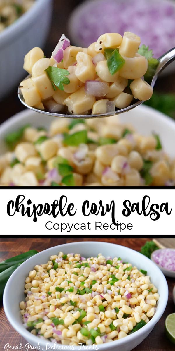 A double photo collage of corn salsa in a large bowl, a spoonful of salsa, and the title in between both pics.