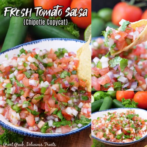 A three collage photo of homemade salsa.