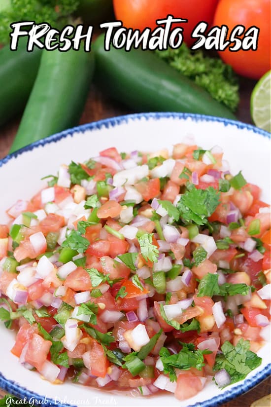 A white bowl with blue trim filled with tomato salsa.