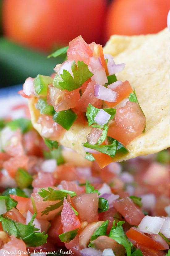 A close up of a tortilla corn chip loaded with tomato salsa on it.
