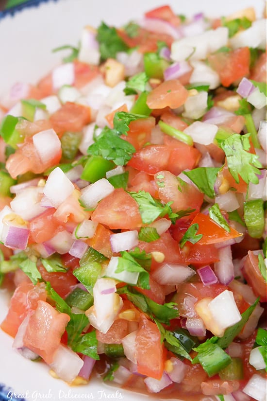 A close up of the ingredients in fresh tomato salsa.