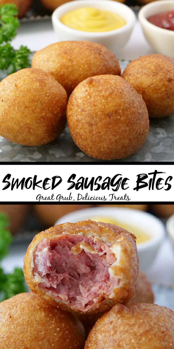 A double photo collage of smoked sausage bites on a silver plate with a bite taken out of one.