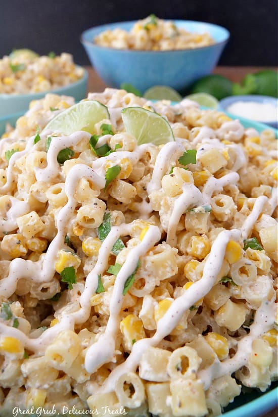 Mexican Street Corn Pasta Salad covered in a street corn dressing.