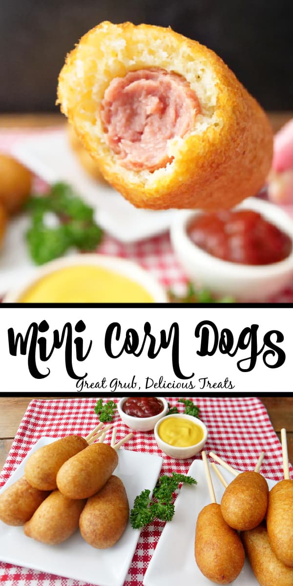 A double photo collage of mini corn dogs on a plate, with a bite taken out of one, and the title in between the pics.