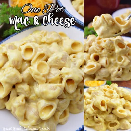A three photo collage of mac and cheese.
