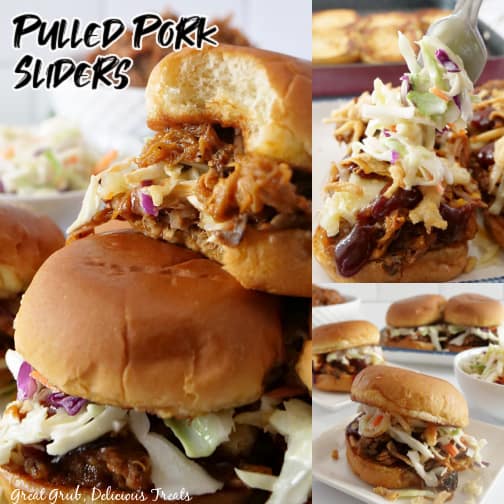 A three photo collage of sliders with coleslaw, onion strings, and BBQ sauce on top of the pulled pork.