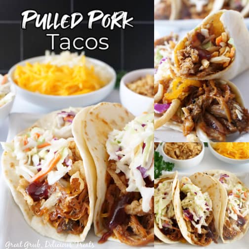A three photo collage of pulled pork tacos lined up on a white plate.